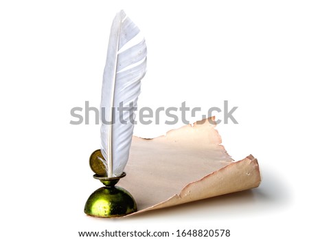 White quill pen in inkwell and old empty scroll for writing isolated on white background Royalty-Free Stock Photo #1648820578