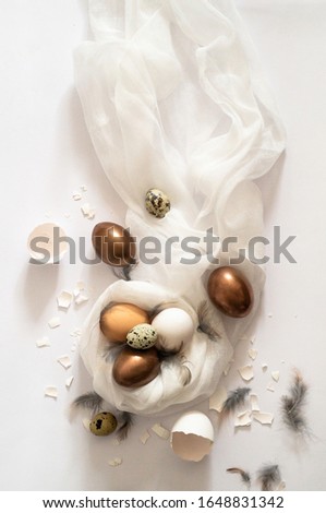 Totally white. Easter eggs on a white cloth. Egg shell. Easter concept