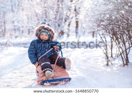 Happy toddler boy sitting in sledge on snowy road under falling snow outdoors. Smiling child sitting on sled under snowfall in park or forest in sunny day. Trees in background. Winter activity concept