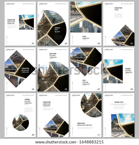 A4 brochure layout of covers design templates for flyer leaflet, A4 brochure design, presentation, book design. Abstract black and golden project with clipping mask, geometric shapes for your photo.