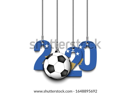 Figures 2020 in colors of the flag of the Kosovo and soccer ball hanging on strings on an isolated background. Design pattern for banner, poster, flyer, invitation. Vector illustration