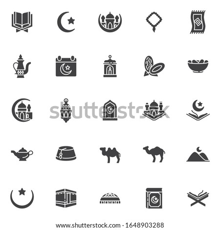 Ramadan Kareem vector icons set, modern solid symbol collection, filled style pictogram pack. Signs logo illustration. Set includes icons as Mosque building, iftar food, Holy Quran book, lantern, moon