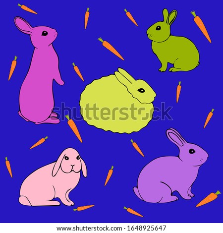 Bunny set in contours. Rabbits, hares. illustration. Easter design element. Easter symbol. Hand drawn vector illustration, label or card isolated on white background.