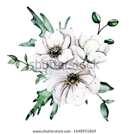 Anemone flowers watercolor, floral clip art. Bouquet perfectly for printing design on invitations, cards, wall art and other. Isolated on white background. Hand drawing. 