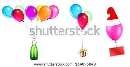 gift, champagne and blank card on color balloons set