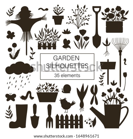 Vector big set of garden tools, flowers, herbs, plants silhouettes. Collection of black and white gardening equipment. Flat spring illustration isolated on white background