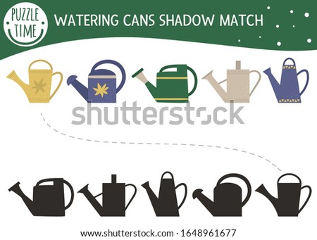 Shadow matching activity for children with watering cans. Preschool puzzle with garden tools. Cute spring educational riddle. Find the correct silhouette game