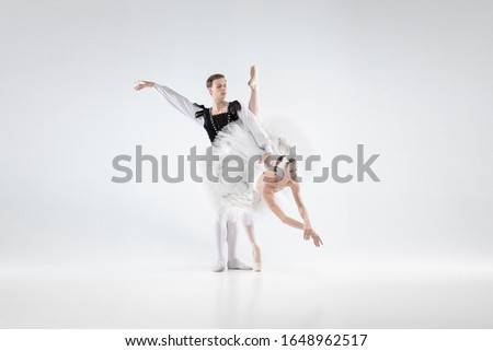 Supporting. Graceful classic ballet dancers dancing isolated on white studio background. Couple in tender clothes like a white swan characters. The grace, artist, movement, action and motion concept.