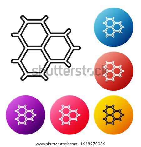 Black line Chemical formula consisting of benzene rings icon isolated on white background. Set icons colorful circle buttons. Vector Illustration