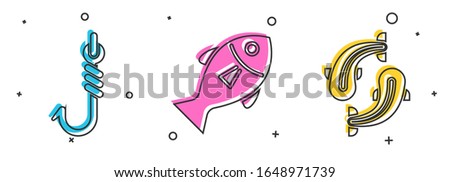 Set Fishing hook, Fish and Fish icon. Vector