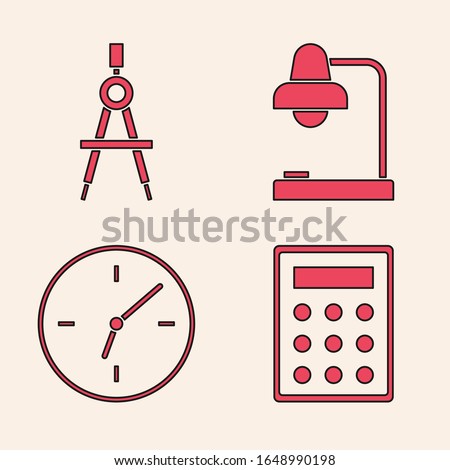 Set Calculator, Drawing compass, Table lamp and Clock icon. Vector