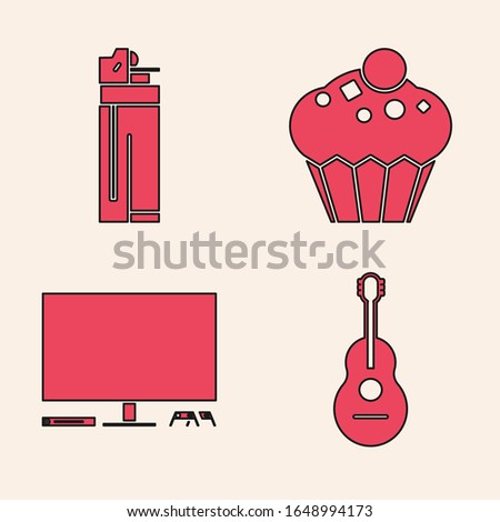 Set Guitar , Lighter , Muffin  and Video game console  icon. Vector
