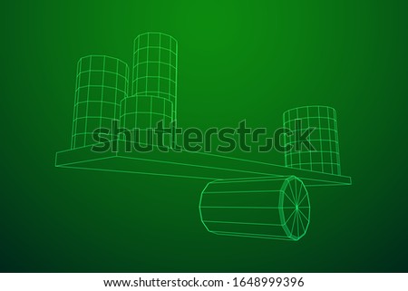 Simple seesaw scales weighing big and small abstract cylinders. Balance, comparison and equality concept. Wireframe low poly mesh vector illustration