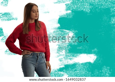 Pretty teenager girl on color background