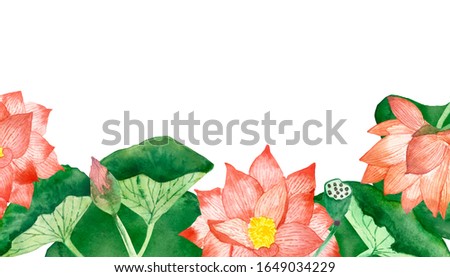 Watercolor hand painted nature floral water asia plants composition with light pink lotus blossom flower with yellow center and green leaves on branches collection isolated on the white background