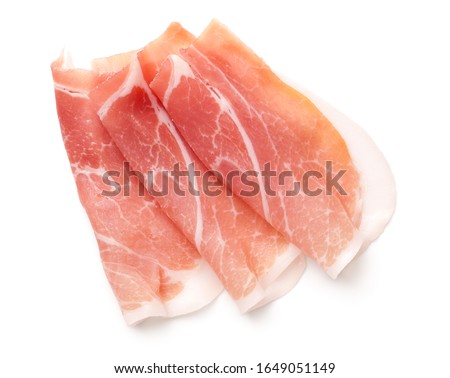 Prosciutto slices isolated on white background. Italian appetizer. Flat lay. Top view Royalty-Free Stock Photo #1649051149