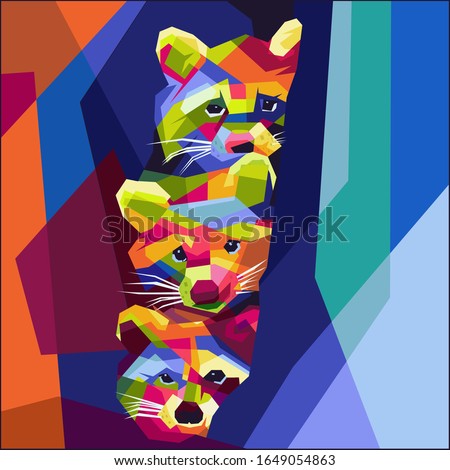 pop art portrait. three cute animal heads, emerging from the peek gap, polygonal mosaic painting