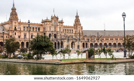 Colourful view of Seville Sevilla Plaza de Espana Andalusia Spain. Moorish, architecture in the summer 
