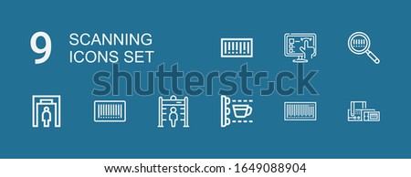 Editable 9 scanning icons for web and mobile. Set of scanning included icons line Scan, Barcode, Metal detector, Recognition on blue background