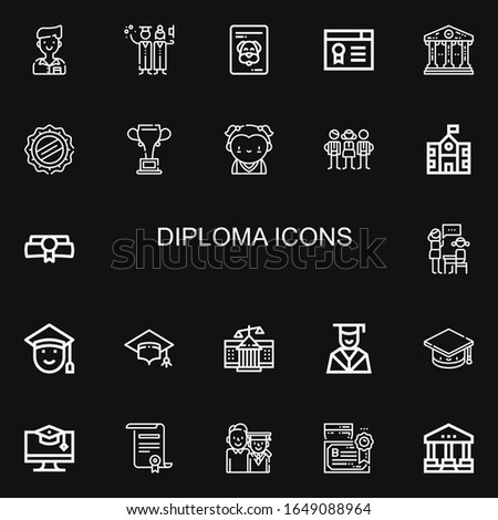 Editable 22 diploma icons for web and mobile. Set of diploma included icons line Student, Graduation, Certificate, Courthouse, Cap, Championship, Students on black background