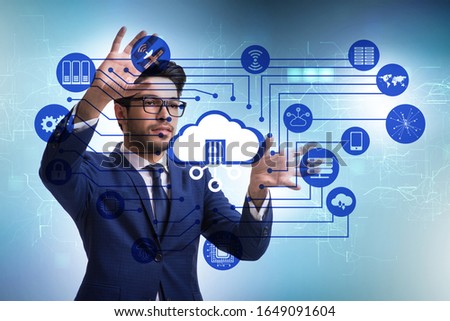 Cloud computing concept with woman pressing buttons
