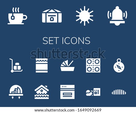 set icon set. 14 filled set icons. Included Cup, Chest, Sun, Alarm, City, Wheelbarrow, Disaster, Honey, Web, Cradle, Homeless, Pills, Caterpillar, Compass icons