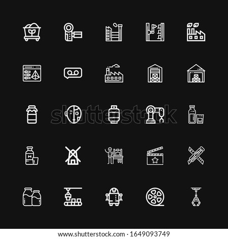 Editable 25 production icons for web and mobile. Set of production included icons line Industrial robot, Film roll, Robot, Conveyor, Milk, Cutter, Clapperboard on black background