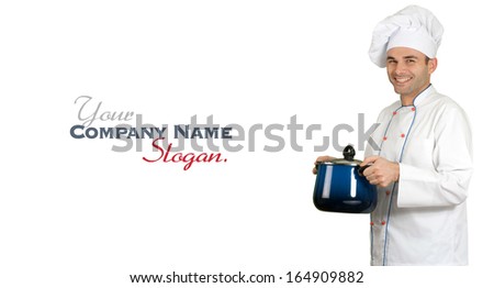 Isolated picture of an smiling restaurant chef holding a casserole 
