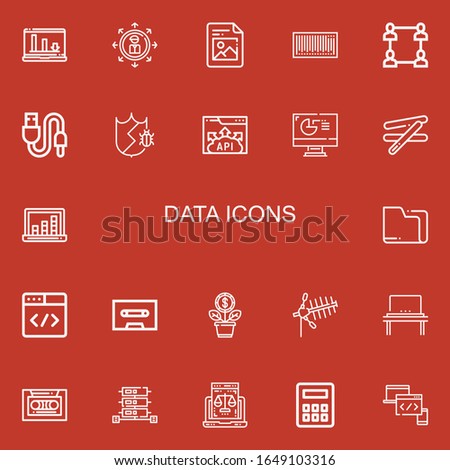 Editable 22 data icons for web and mobile. Set of data included icons line Laptop, Share, File, Barcode, Network, Usb, Protection, Api, Analytics, Stick, Folder on red background