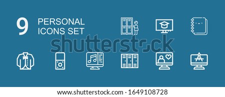 Editable 9 personal icons for web and mobile. Set of personal included icons line Computer, Lockers, Recorder, Vest, Notebook on blue background