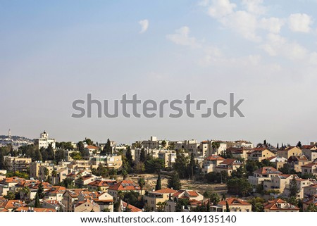 View of Jerusalem. Panorama, beautiful view of the old city.  panorama of Jerusalem city. Photo contains ancient building, domes and modern architecture on the background