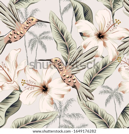 Hummingbirds, hibiscus flowers, banana leaves, palm trees, beige background. Vector floral seamless pattern. Tropical illustration. Exotic plants, birds. Summer beach design. Paradise nature