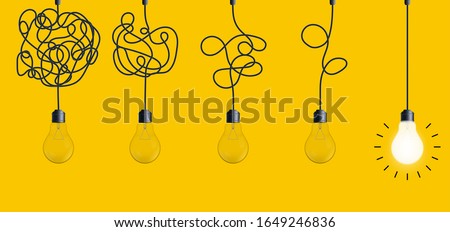 Creative vector illustration of simplifying complex process lightbulb on background. Art design untangled of problem, confusion clarity, path vector idea concept. Abstract straight, curve streamlining Royalty-Free Stock Photo #1649246836
