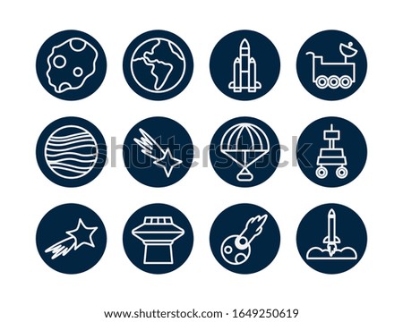 line block style icon set of Space futuristic cosmos outside universe astronomy adventure and exploration theme Vector illustration