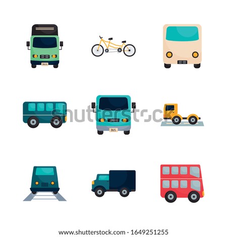 Vehicles flat style icon set design, Transportation travel trip urban motor speed fast and driving theme Vector illustration