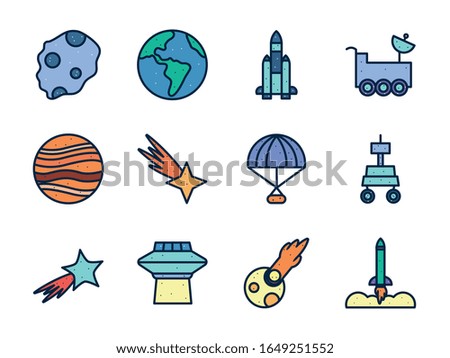 line fill style icon set of Space futuristic cosmos outside universe astronomy adventure and exploration theme Vector illustration