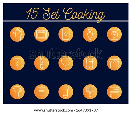 15 block style icon set design, Cook kitchen Eat food restaurant home menu dinner lunch cooking and meal theme Vector illustration
