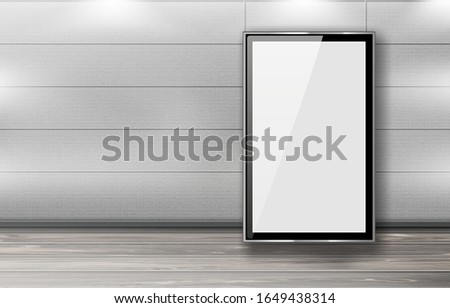 Blank billboard display along wall in office hallway. Empty lobby interior with white LCD screen floor stand for advertising. Vertical ads banner in interior, realistic 3d vector mock up Royalty-Free Stock Photo #1649438314