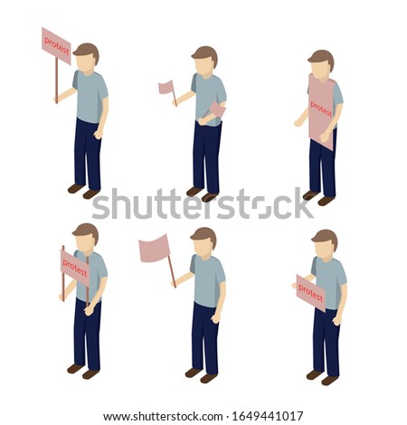 Seth man at the rally. The teenager came out to protest. Types of people on demontration. Style is isometry. Vector illustration isolated on a white background.