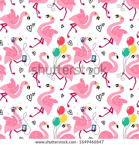 Festive seamless pattern with funny flamingos. Summer tropical vector texture on a white background. Background for a children's book, print, poster, stickers, fabric, wrapping paper.