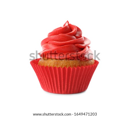 Delicious birthday cupcake decorated with red cream isolated on white