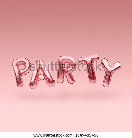 Pink golden word PARTY made of inflatable balloons floating on pink background. Rose gold foil balloon letters. Celebration concept