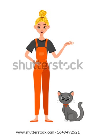 Girl in a jumpsuit with a cat. Cartoon style. Vector illustration