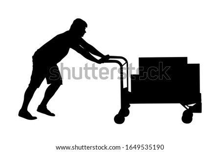 Delivery man carrying boxes of goods vector silhouette. Post man with package. Distribution storehouse. Boy holding heavy load for moving service. Handy man move action. Hand transportation by cart.