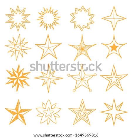 Gold star and sun icons set, various five pointed gold isolated stars, vector illustration.
