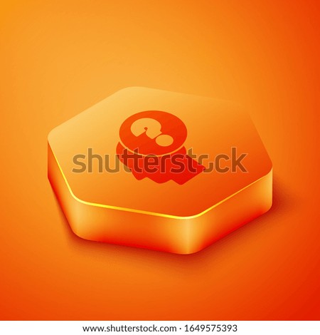 Isometric Human head with question mark icon isolated on orange background. Orange hexagon button. Vector Illustration