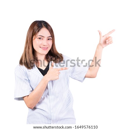 woman pointing finger up portrait on white background