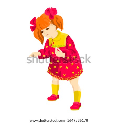 Red hair girl with bow in red dress shows a finger. Kid game. vector Illustration for concept design. Cartton style. Unique design.