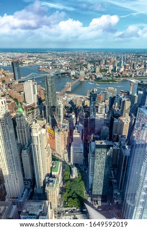 Manhattan aerial View with its bridges, Brooklyn Bridge and Manhattan Bridge.