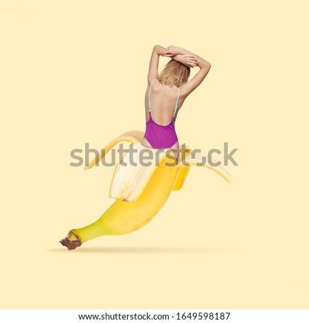 Sweet taste. Female body covered in banana on yellow background. Copyspace to insert your text. Modern design. Contemporary artwork, collage. Concept of summertime, vacation, resort, mood, beach